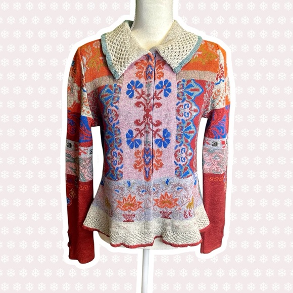 Oilily Sweaters - Oilily Italian Wool-Blend Colorful Statement Collar Snap-Up Cardigan Size Large